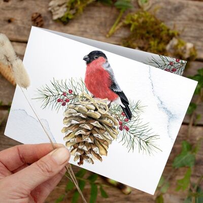 Tarjeta plegable Camachuelo de Navidad - IMPRESA EN EL INTERIOR con sobre