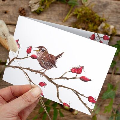 Folding card Christmas Wren - PRINTED INSIDE with envelope