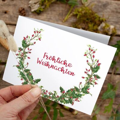 Folding card Christmas Ilex greetings - PRINTED INSIDE with envelope