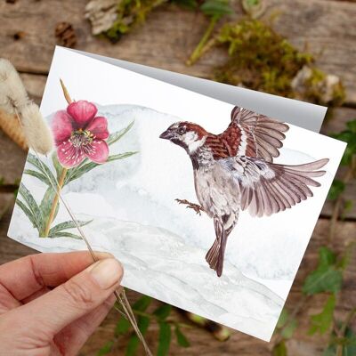 Folding card Christmas Sparrow - PRINTED INSIDE with envelope