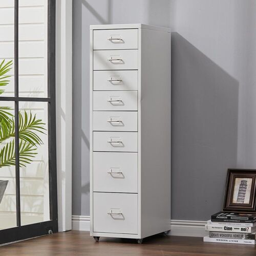 Livingandhome 8-Drawer Metal Office Filing Cabinet Compact Storage w/ Wheels White