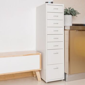 Livingandhome Classeur de bureau en métal à 8 tiroirs Rangement compact avec roulettes Blanc 3