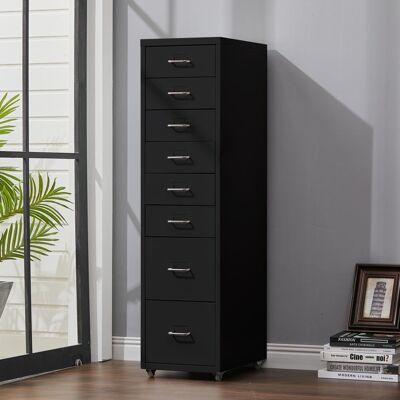 Livingandhome 8-Drawer Metal Office Filing Cabinet Compact Storage w/ Wheels Black