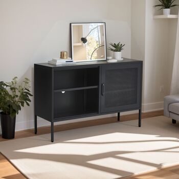 Livingandhome Meuble TV industriel Meuble de rangement 4 étagères Buffet en métal avec porte Noir 2