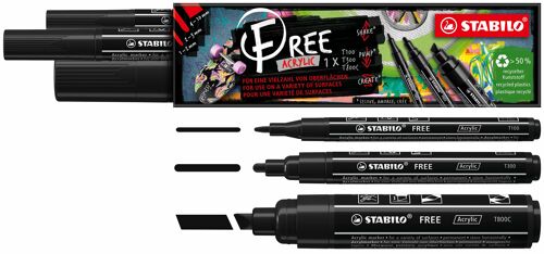 Marqueurs - Etui carton x 3 STABILO FREE Acrylic pointes assorties - noir