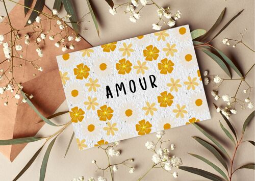 Carte postale à planter #32 "Amour entouré de fleurs blanches/oranges" Lot de 10