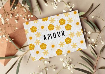 Carte postale à planter #32 "Amour entouré de fleurs blanches/oranges" Lot de 10 1