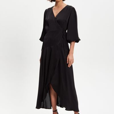 Liquorish - Robe portefeuille mi-longue noire à manches courtes bouffantes