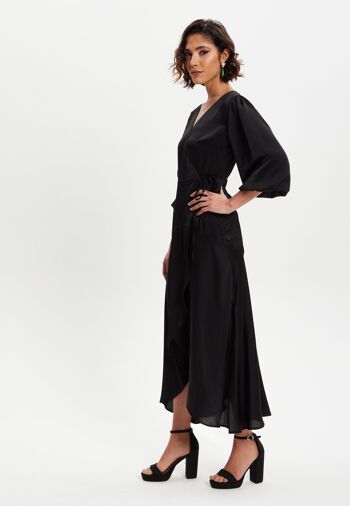 Liquorish - Robe portefeuille mi-longue noire à manches courtes bouffantes 4
