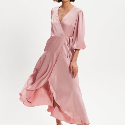 Robe portefeuille mi-longue rose réglisse à manches courtes bouffantes