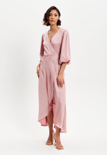 Robe portefeuille mi-longue rose réglisse à manches courtes bouffantes 2