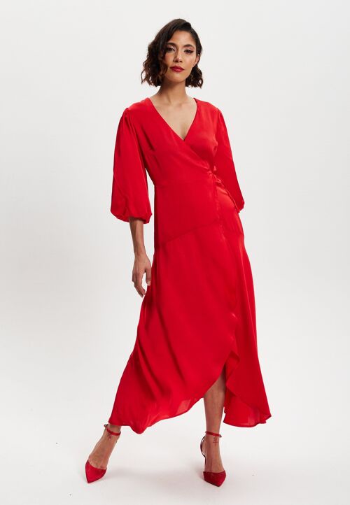 Liquorish Red Midi Wrap Dress With Short Puff Sleeves