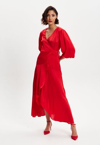 Liquorish - Robe portefeuille mi-longue rouge à manches courtes bouffantes 2