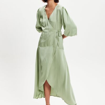 Liquorish - Robe portefeuille mi-longue vert sauge à manches courtes bouffantes