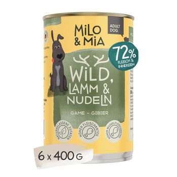 Milo & Mia - Nourriture humide premium - Chien Adulte - Gibier, Agneau & Pâtes 400g 1
