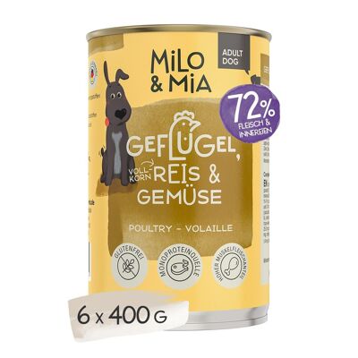 Milo & Mia - Nourriture humide premium - Chien Adulte - Monoprotéine - Volaille, Riz & Légumes