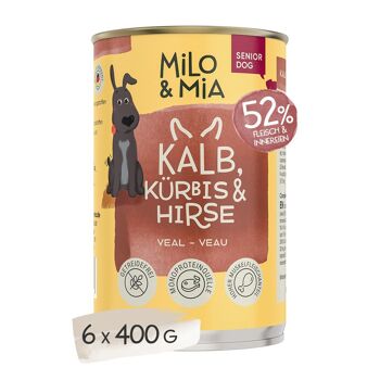 Milo & Mia - Nourriture humide premium - monoprotéinée - Chien Senior - veau, potiron & millet 400g 1