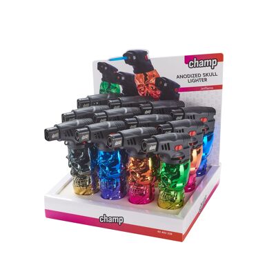 Display of 12 jetflame colored skull lighters