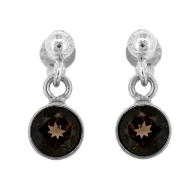 Petites boucles d'oreilles rondes à facettes en quartz fumé et boîte de présentation