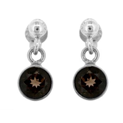 Small Round Smokey Quartz Faceted Stud Post Drop Earrings and Presentation Box