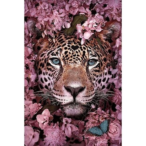 Diamond Painting "Jaguar with Flowers", 40x30 cm, Square Drills with Frame