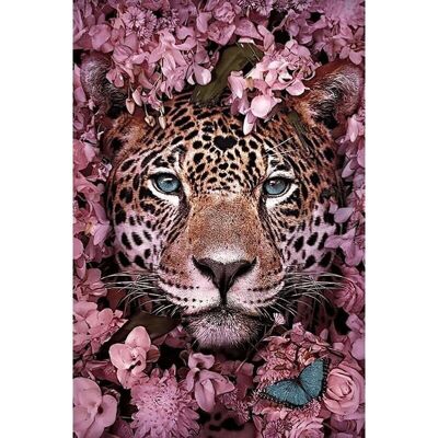 Cuadro de diamantes "Jaguar con flores", 40x30 cm, taladros cuadrados con marco