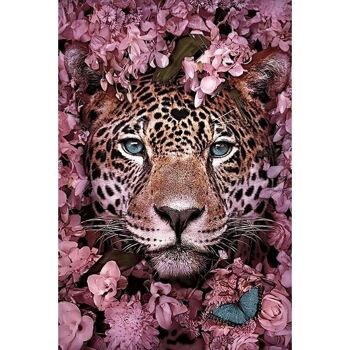 Peinture diamant "Jaguar avec fleurs", 40x30 cm, perceuses carrées avec cadre 1