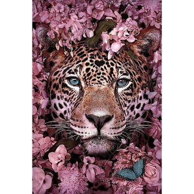 Peinture diamant "Jaguar avec fleurs", 40x30 cm, perceuses carrées avec cadre
