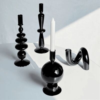 Black Glass Candlesticks / Vase