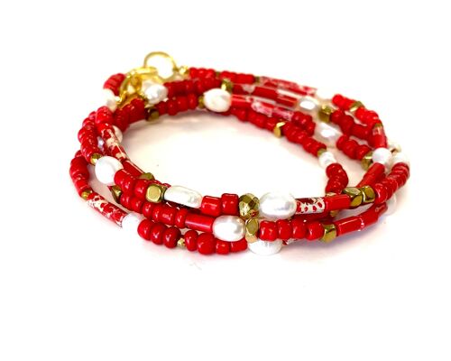 Necklace red rocaille and pearl