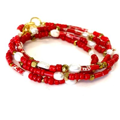 Necklace red rocaille and pearl