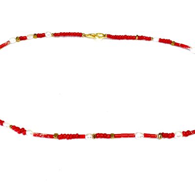 Necklace red rocaille and pearl