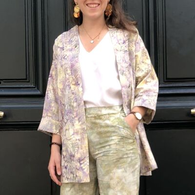 Indonesian Batik Cotton Kimono Jacket Purple/Cream Foliage
