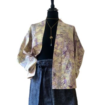 Veste kimono en batik indonésien mauve / crème 4