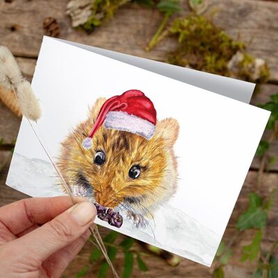Christmas folding card Santa mouse hat - PRINTED INSIDE with envelope