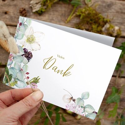 Carte pliante Noël merci fleurs d'hiver - IMPRIMÉE À L'INTÉRIEUR avec enveloppe