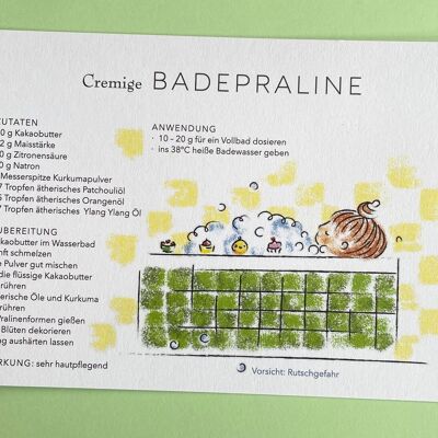 Carte postale avec recette cosmétique DIY « Bain Praliné »