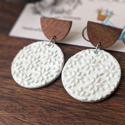 Boho earrings, white floral earrings with a wooden stud