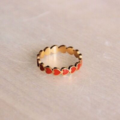 Stainless steel ring with red hearts