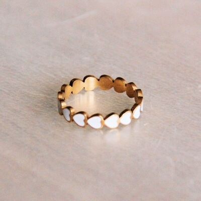 Stainless steel ring with white hearts