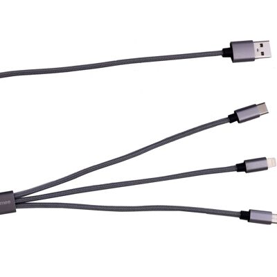 Cable 3-en-1 avec Connecteurs Iphone, Samsung, USB C