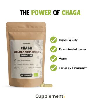 Cupplement - Capsules d'extrait de Chaga 60 pièces - Extrait 20:1 - Biologique - 400 MG par capsule - Sans poudre - Supplément - Superaliment - Champignon - Champignon 5