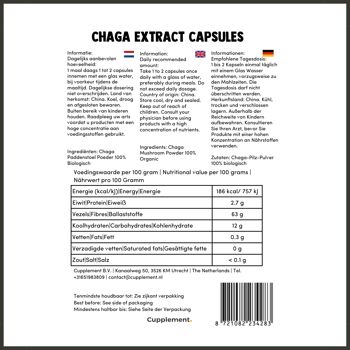 Cupplement - Capsules d'extrait de Chaga 60 pièces - Extrait 20:1 - Biologique - 400 MG par capsule - Sans poudre - Supplément - Superaliment - Champignon - Champignon 8