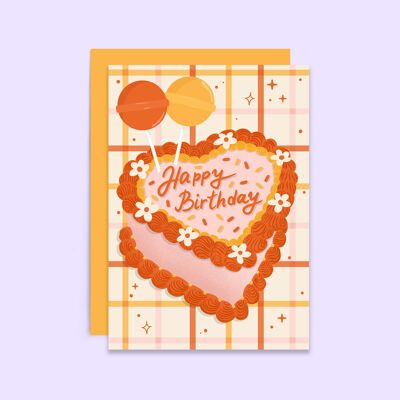 Tarjeta de pastel de cumpleaños kitsch | Tarjeta de pastel en forma de corazón vintage