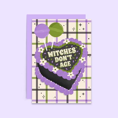Las brujas no envejecen la tarjeta de pastel de cumpleaños | Tarjeta kitsch vintage