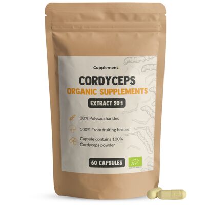 Cupplement - Capsules d'extrait de Cordyceps 60 pièces - Extrait 20:1 - Biologique - 400 MG par capsule - Sans poudre - Supplément - Superaliment - Champignon - Champignon - Militaris, Sinensis - Spores alimentaires