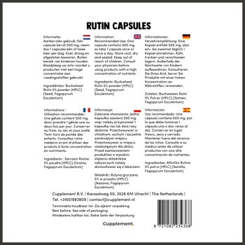 Cupplement - Capsules de Rutine 60 Pièces - 500 MG par Capsules - Biologique - Sans Poudre - Supplément - Superaliment 3