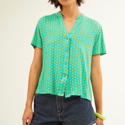 Indy Collar Elastic Sleeve Shirt Green Mustard Petals