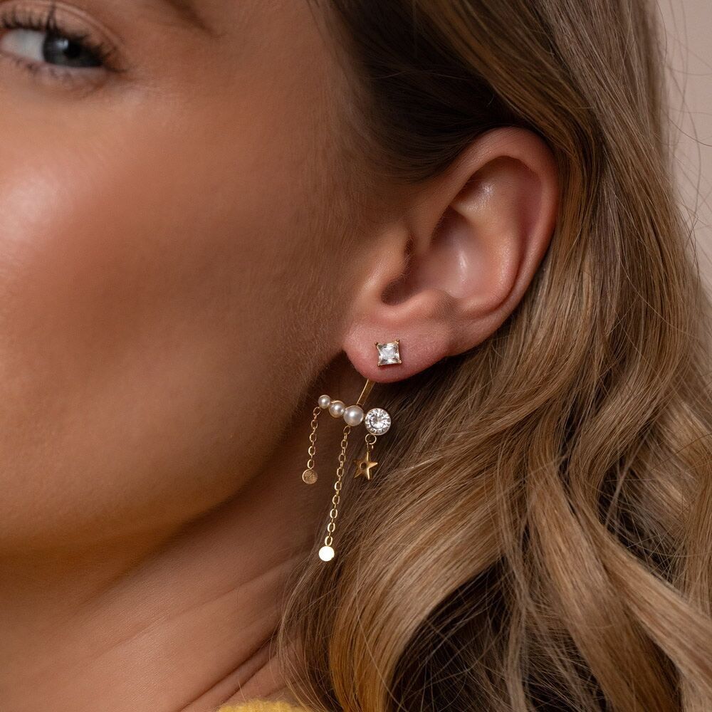 Orecchini Xenia - cristalli quadrati, acetati perlati, cristalli, stella e catene