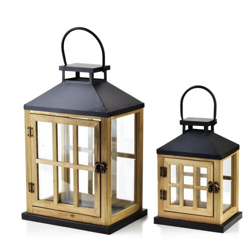 LEVI Set of 2 wooden lanterns 17x13xH24/ 24x18xH36cm